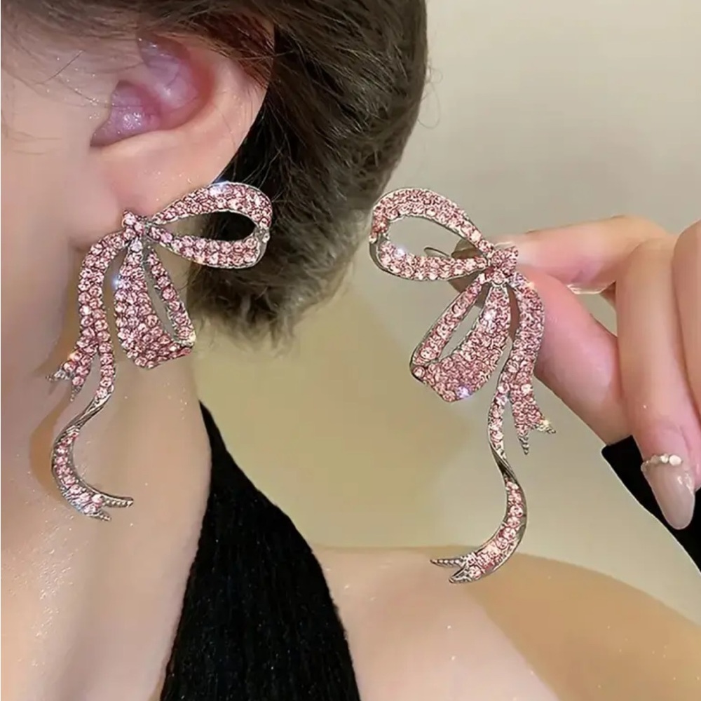Pink Rhinestone Ribbon Bow Earrings - Picture 2 of 3